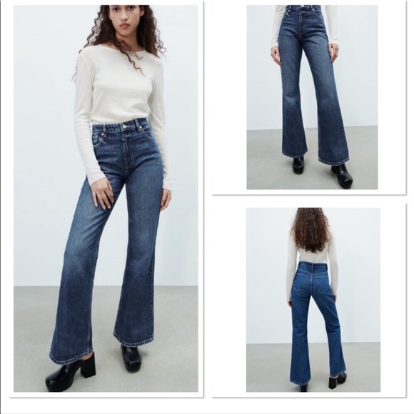 Zara Full Length Flare Jeans in Navy Blue - Picture 1 of 8